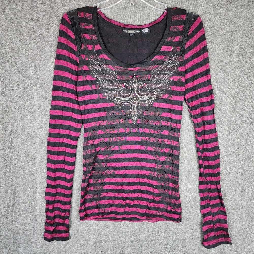 Miss Me Top Womens S MDTO88 Y2K Pink Black Striped Rhinestone Lace EUC